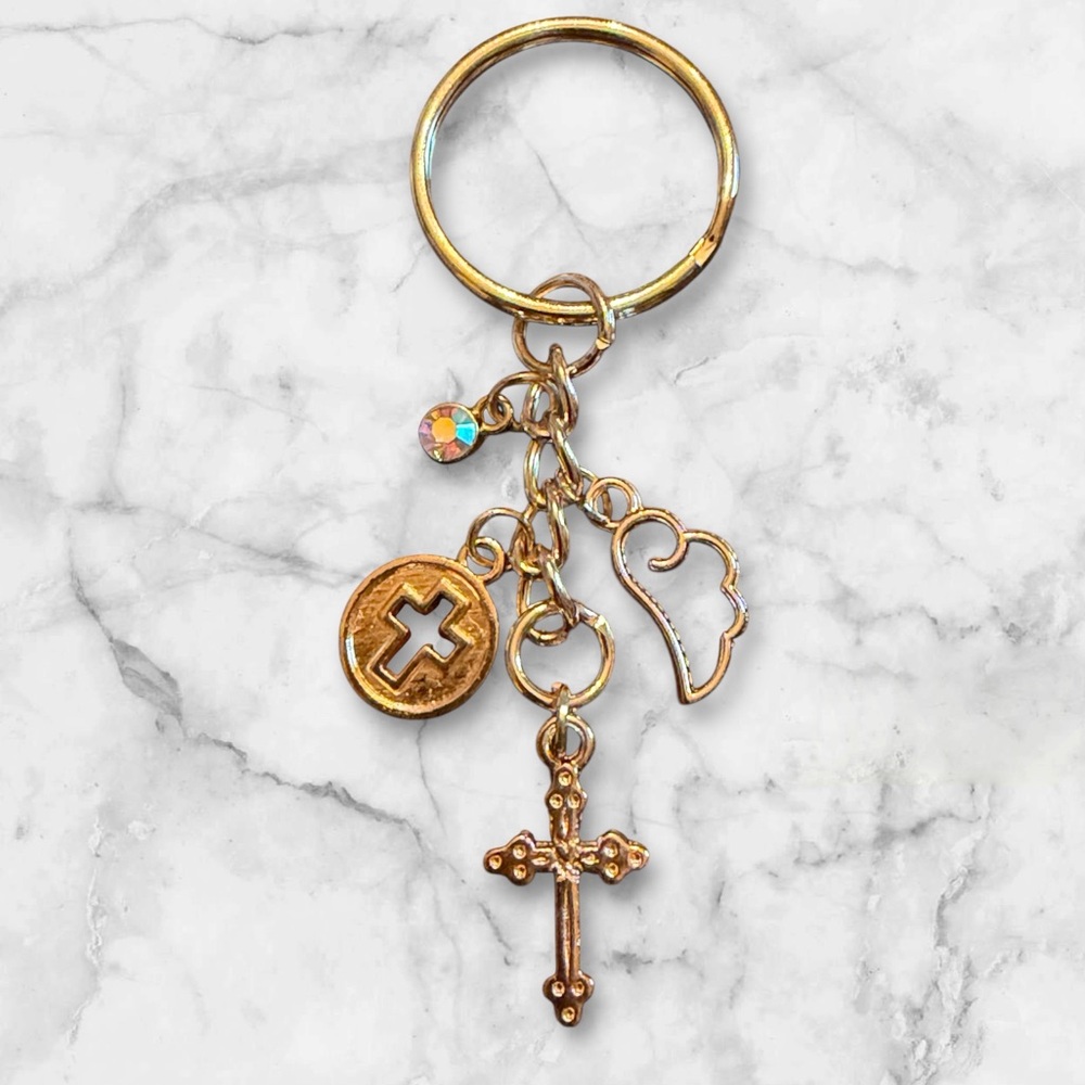 Gold Cross and Charm Keychain